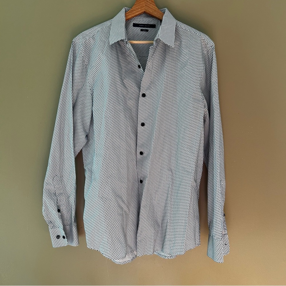 Perry Ellis Dress Shirt Slim Fit with Black & Blue Micro Pattern Size Large